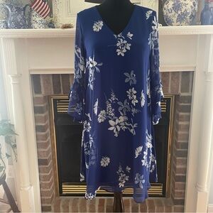 Calvin Klein Blue Floral Dress with White Accents Bell Sleeves Size 8